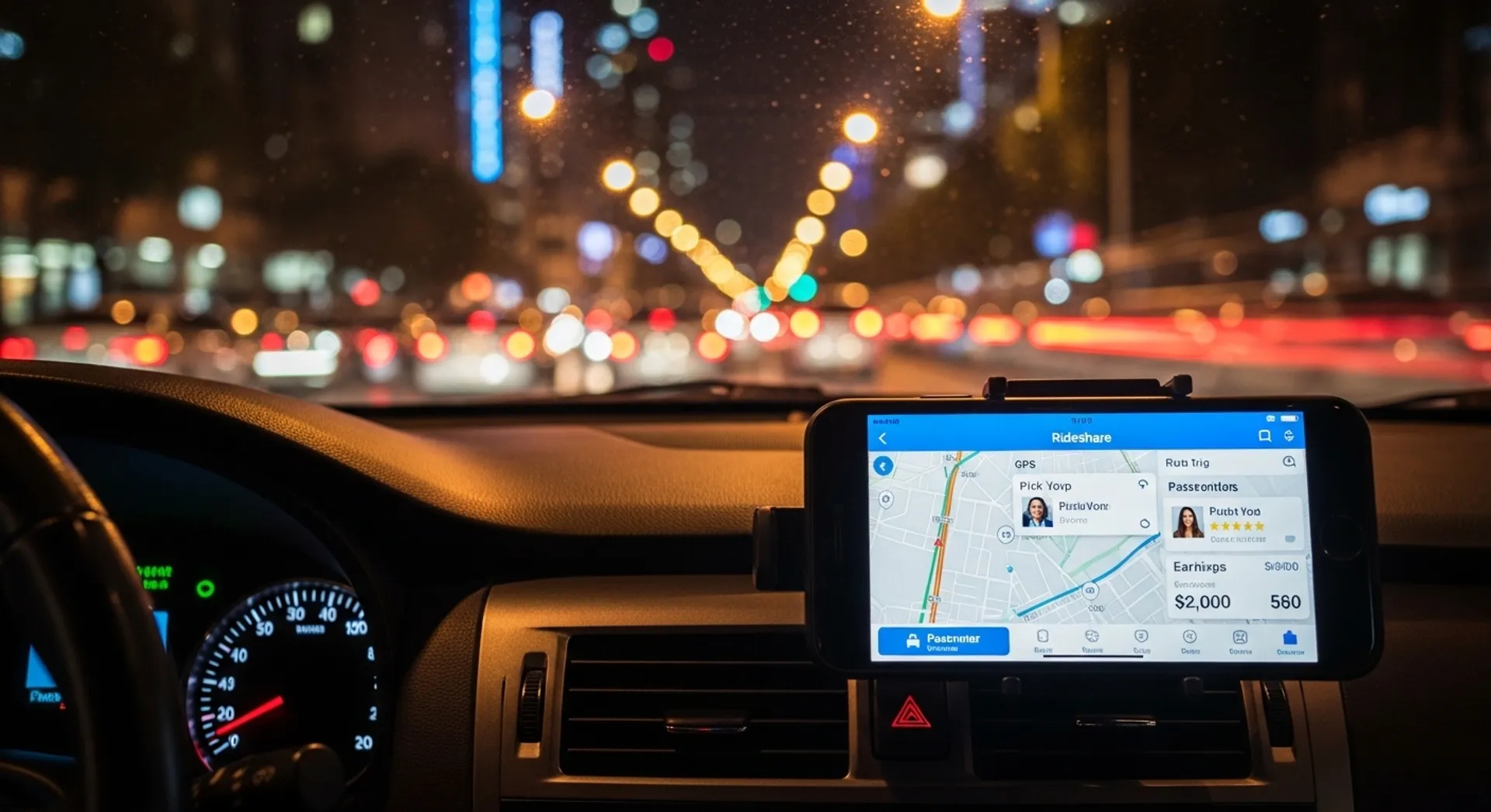 Driver checking trip earnings while navigating city traffic