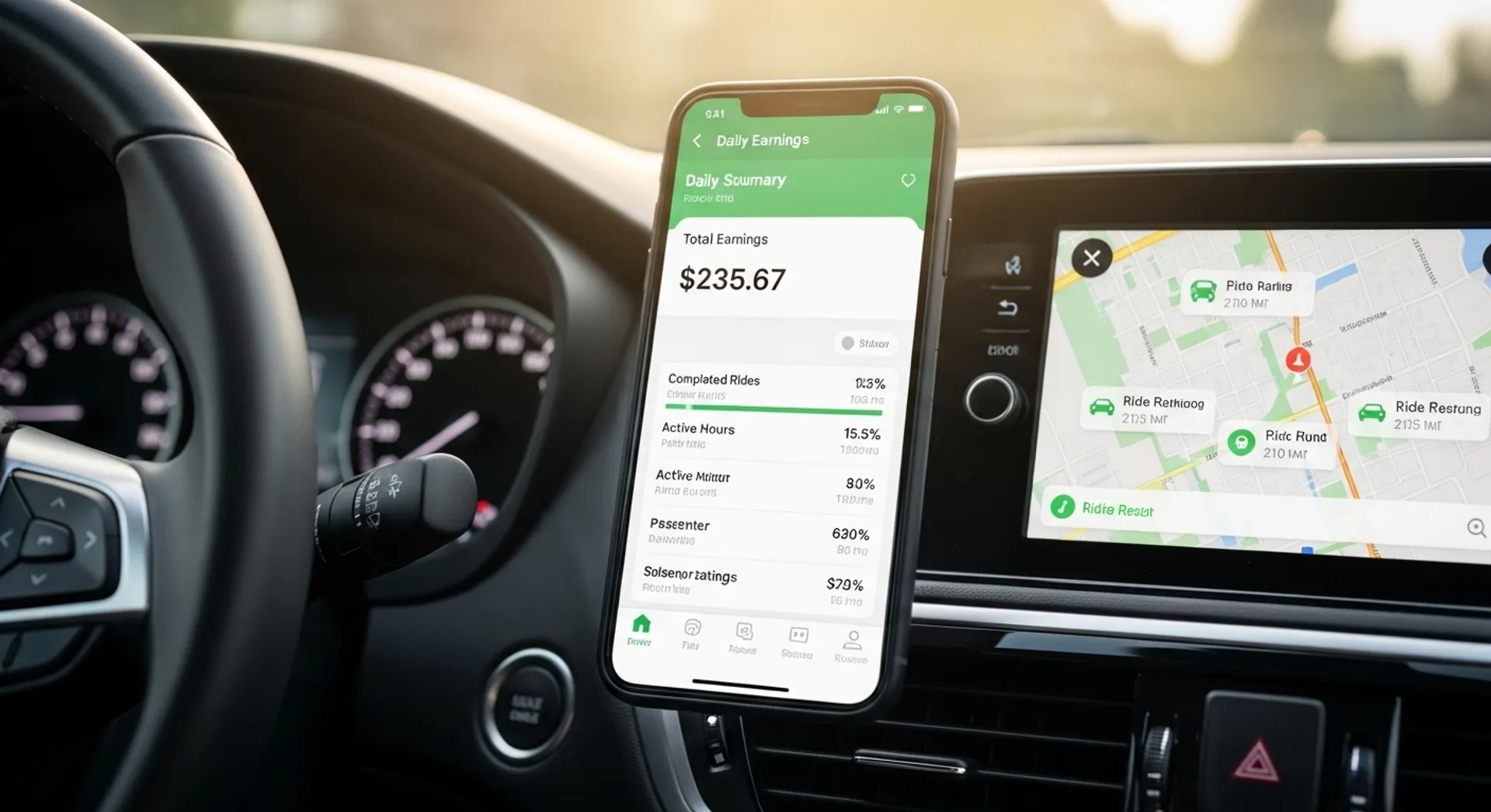Driver reviewing rideshare earnings and fuel expenses in the app
