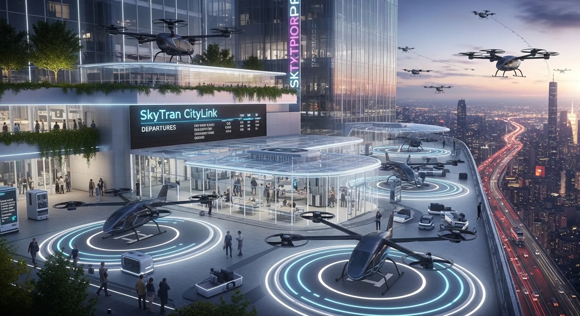 Electric air taxi at an urban vertiport for city travel