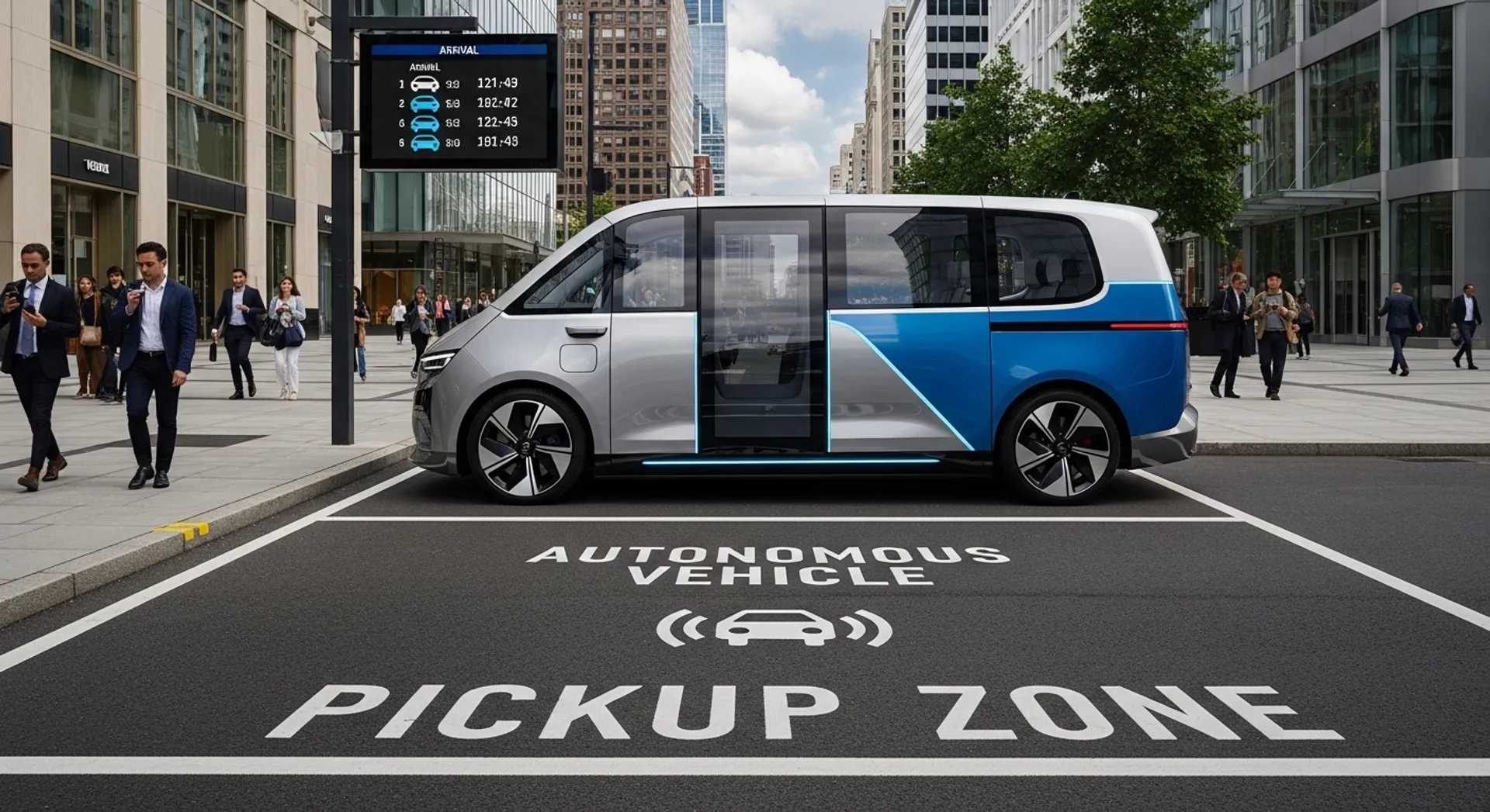 Electric autonomous vehicle waiting in a city pickup zone