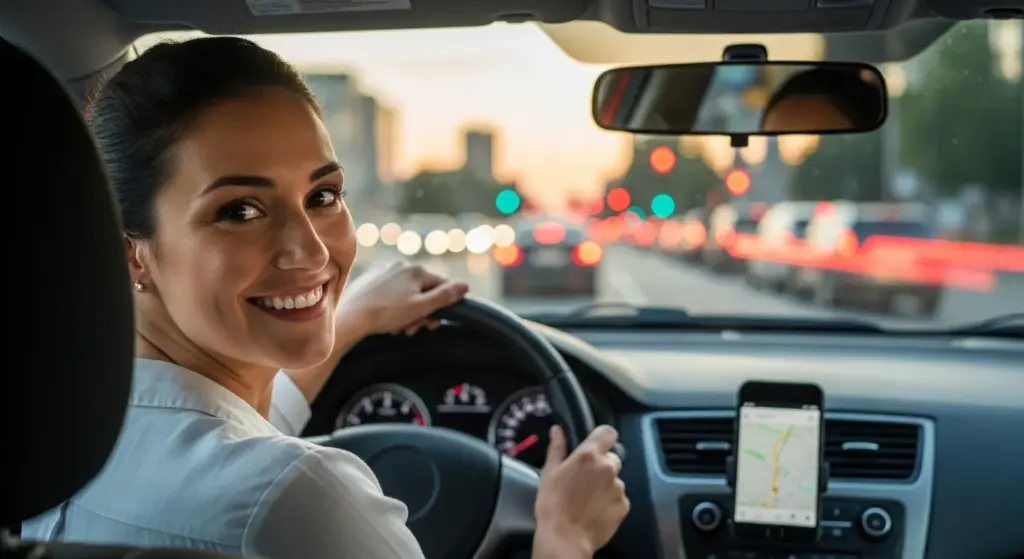 Female rideshare driver using the app during a city shift