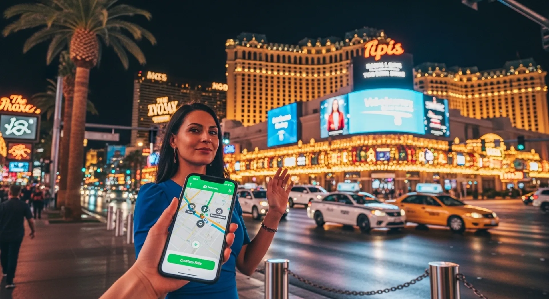Rider requesting a rideshare trip in Las Vegas using a smartphone