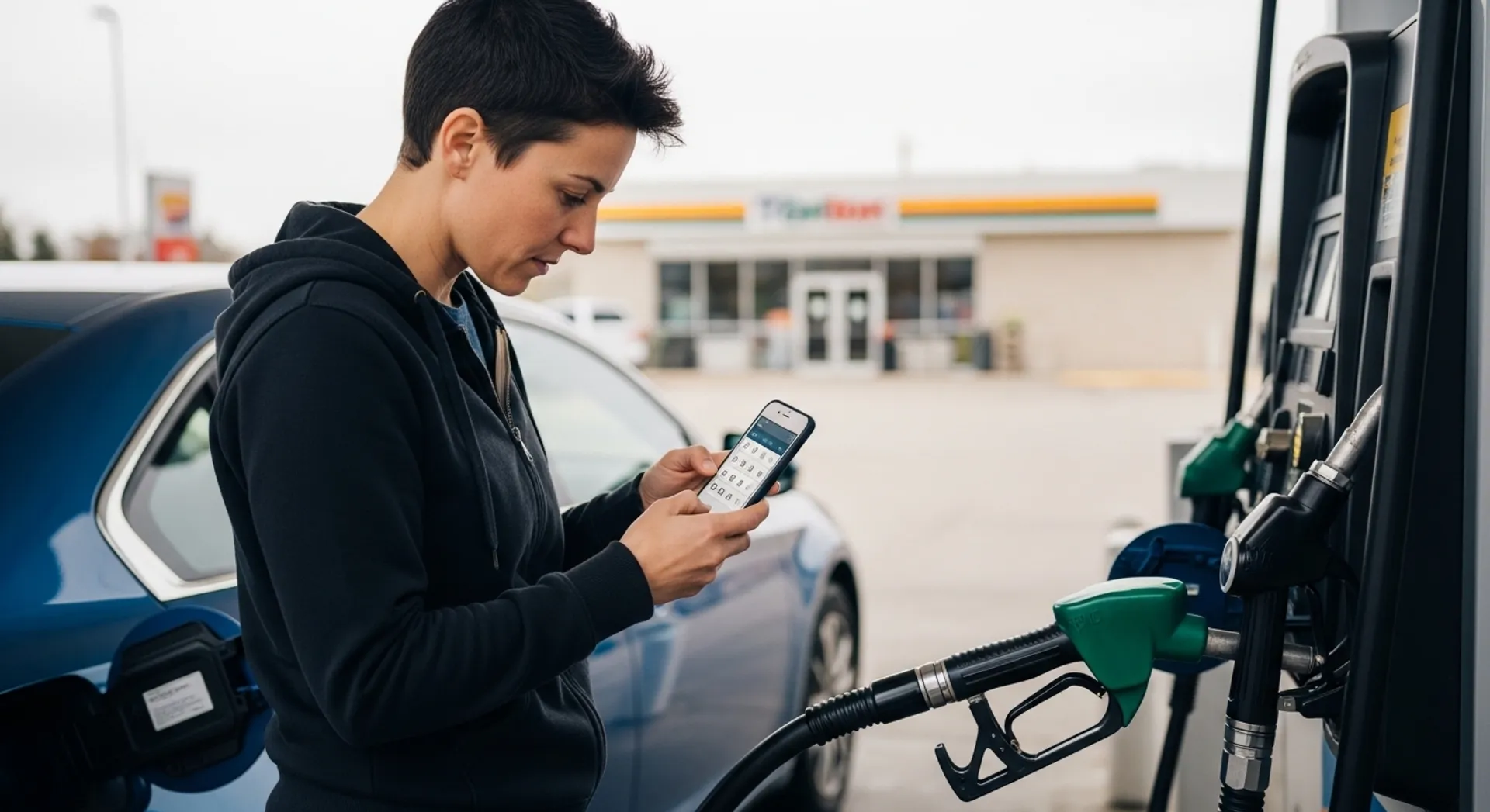 Rideshare driver calculating fuel costs during a gas stop