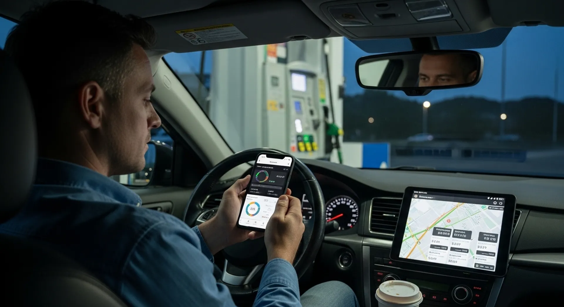 Rideshare driver checking fuel costs during a work shift