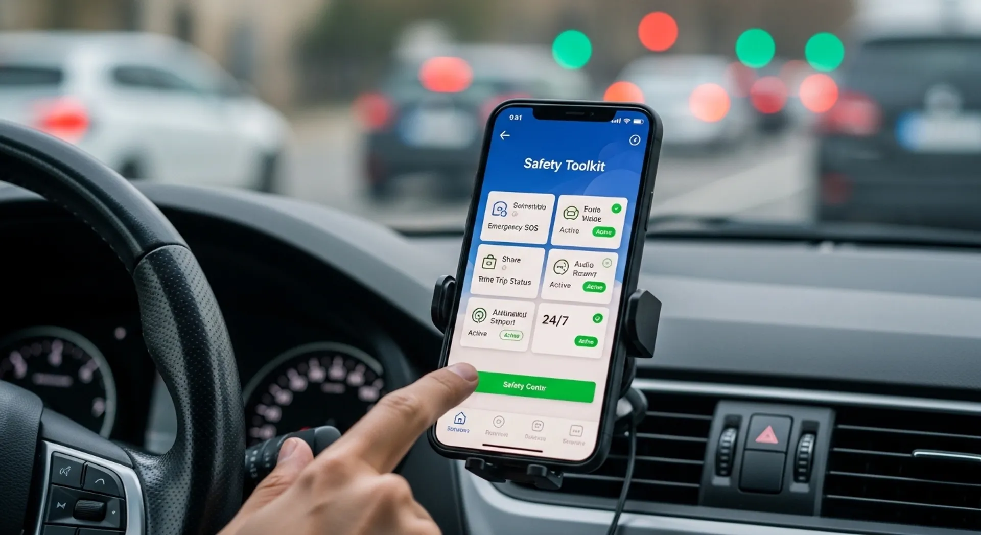 Rideshare driver reviewing in-app safety tools before a trip
