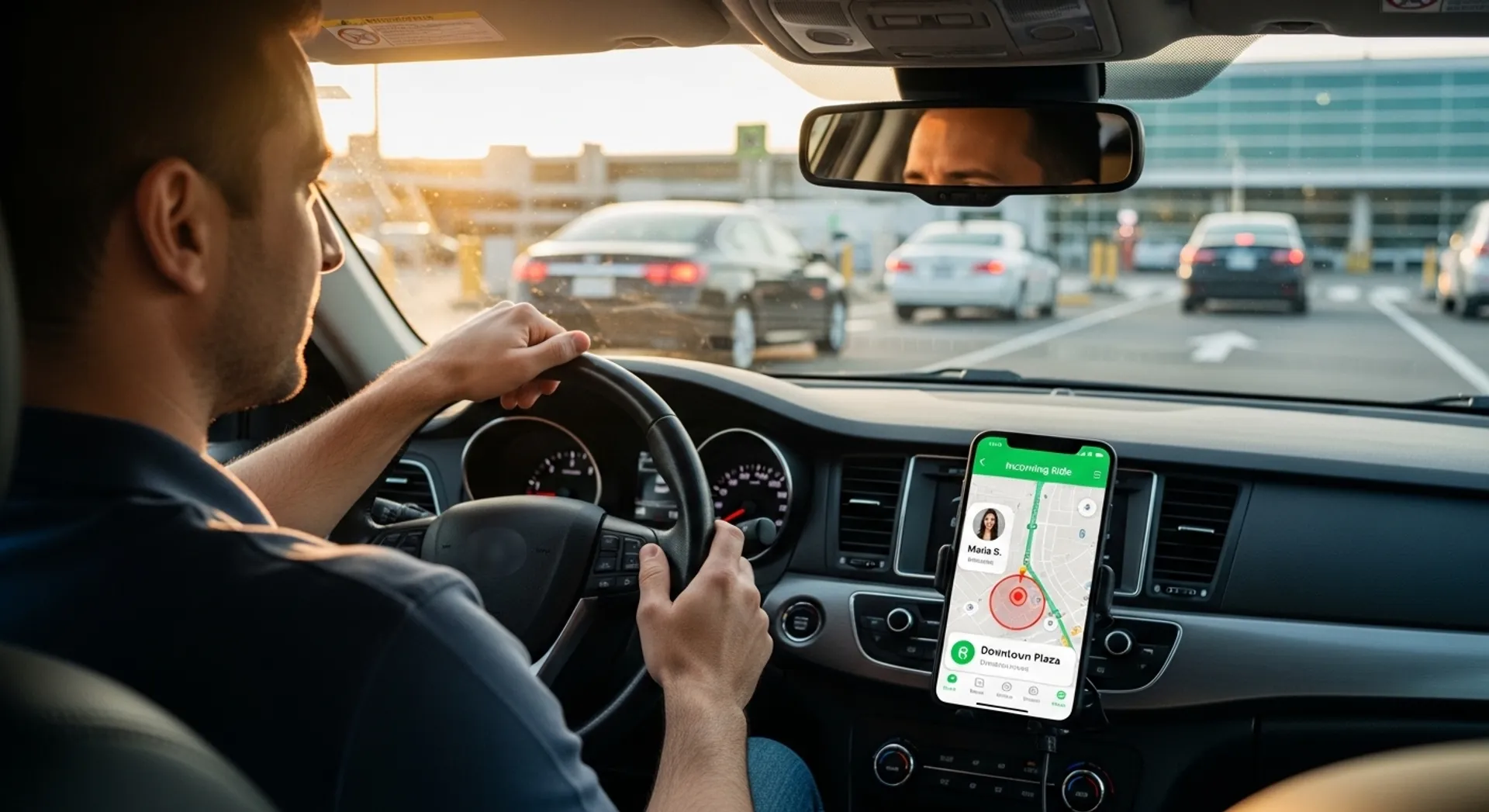 Rideshare driver reviewing trip requests near an airport pickup area