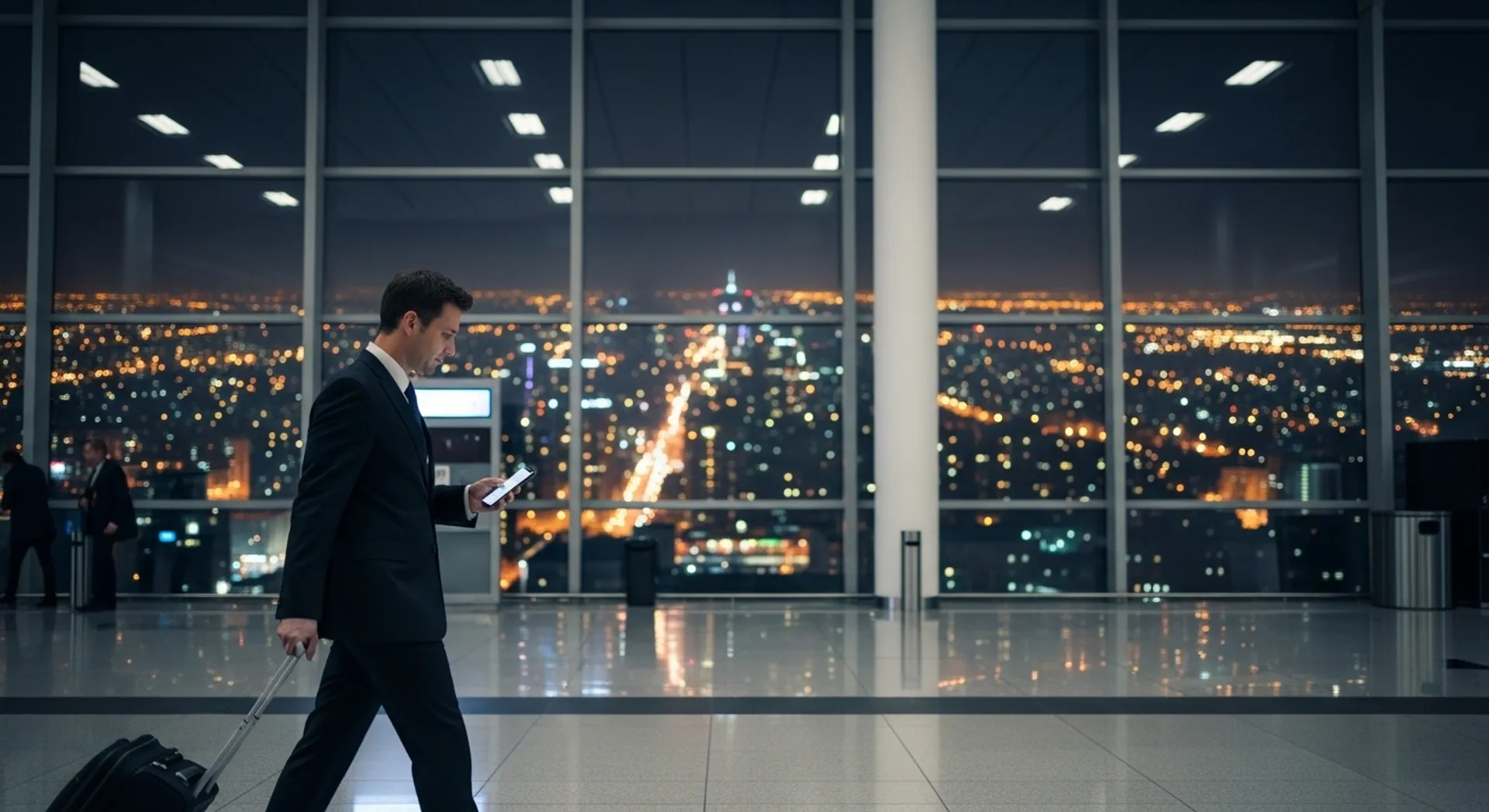Traveler checking an app before an air taxi transfer
