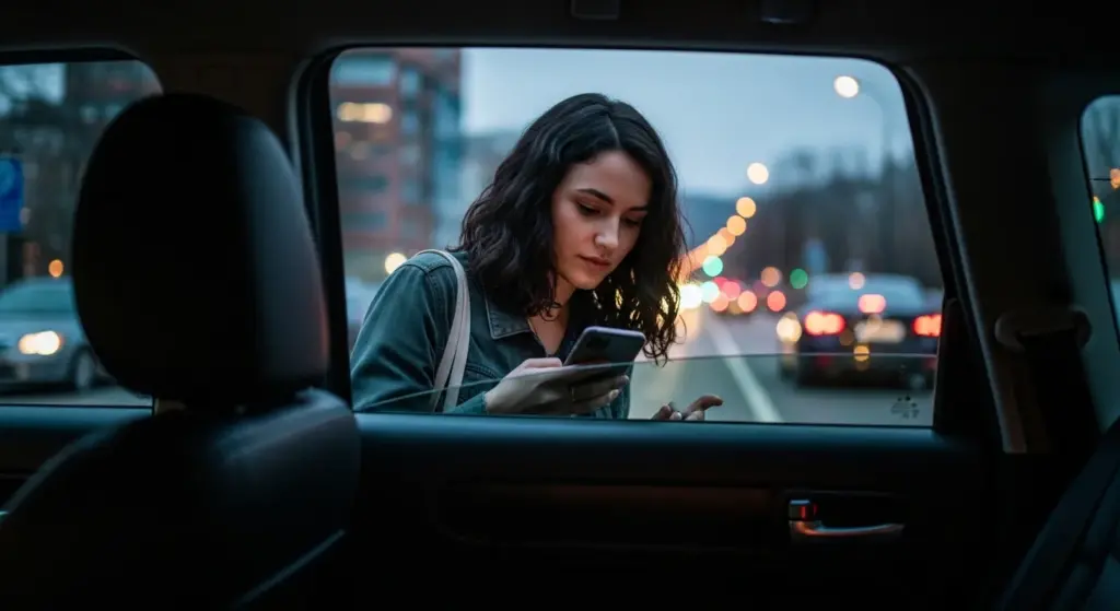 Woman rider checking rideshare details before entering the car