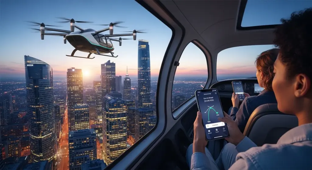 electric air taxi city skyline passenger app