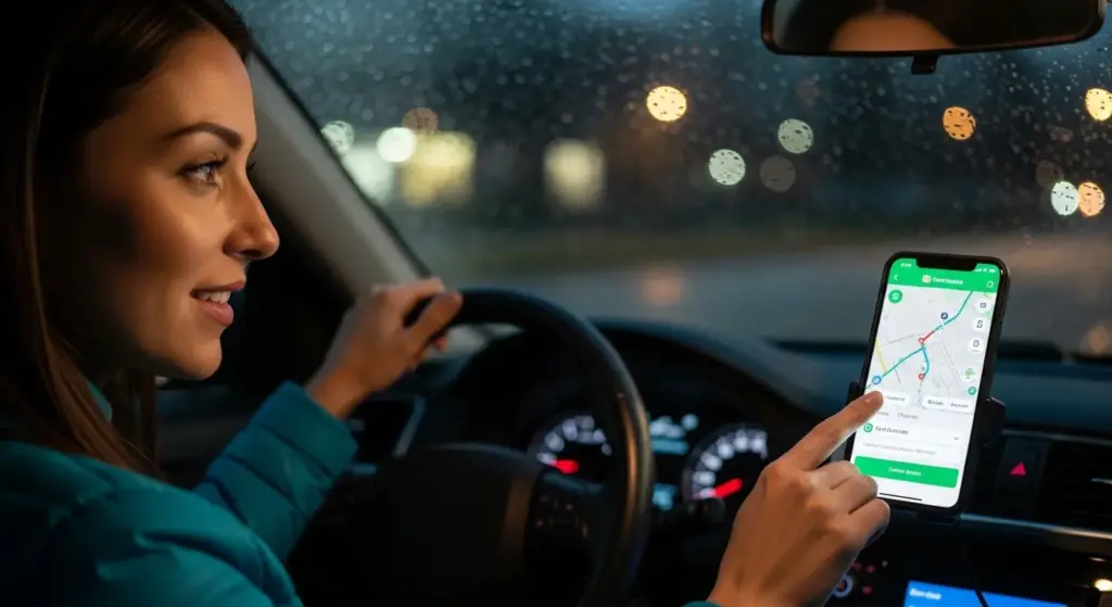 female rideshare driver city smartphone app night