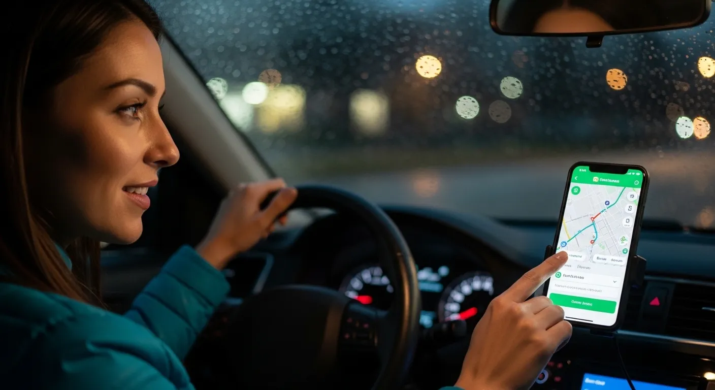 female rideshare driver city smartphone app night