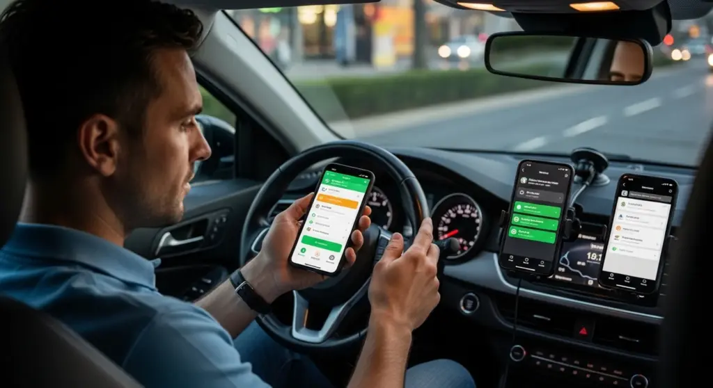 rideshare driver comparing apps smartphone dashboard