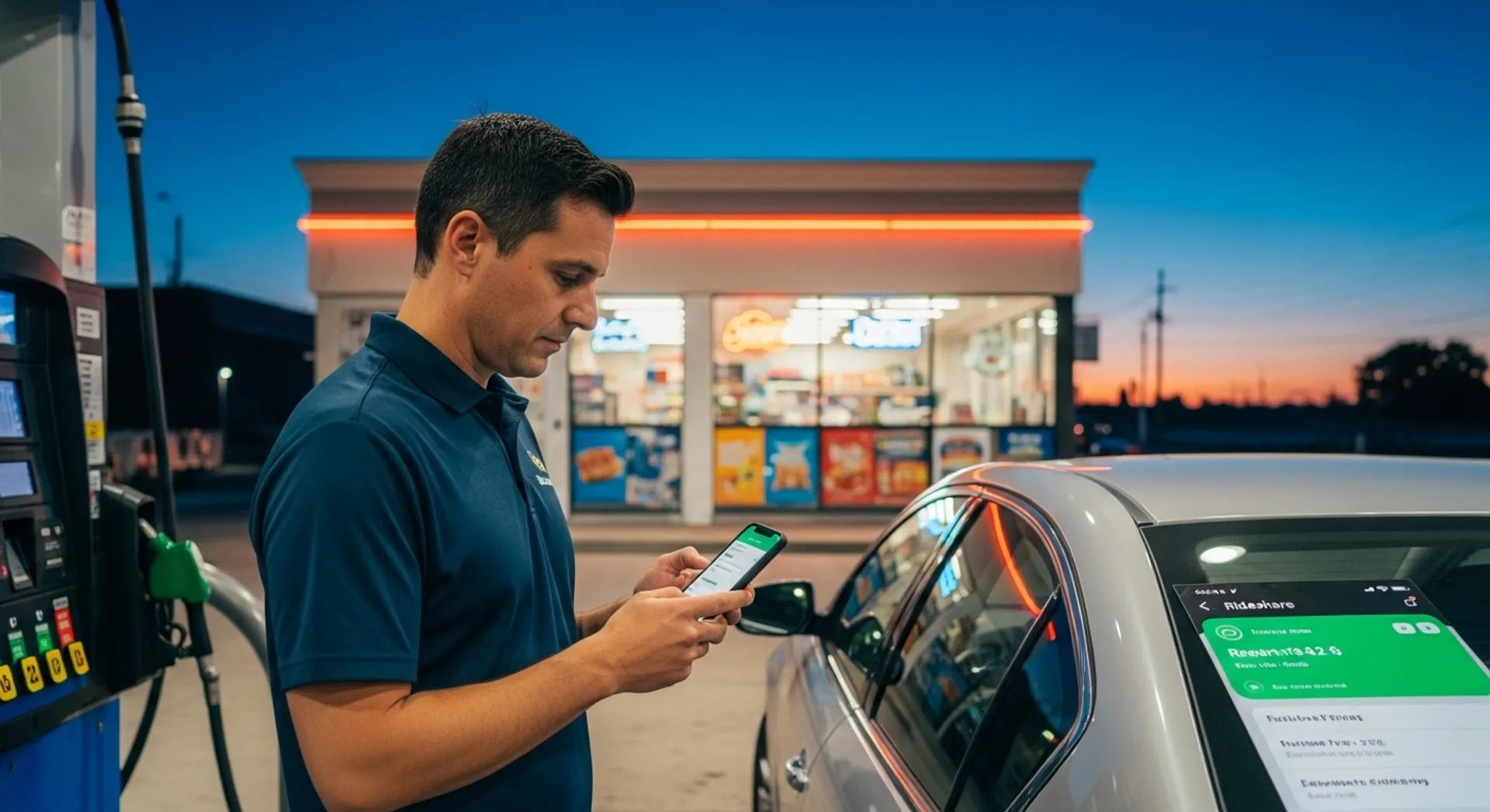 rideshare driver gas station smartphone earnings