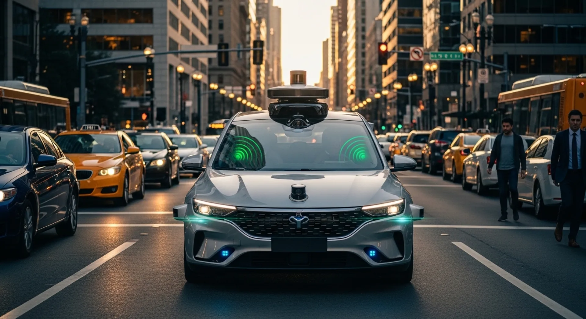 Autonomous rideshare vehicle navigating busy downtown traffic