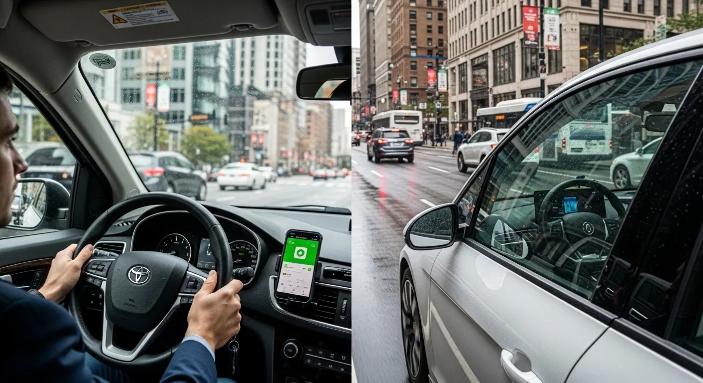 Human-driven rideshare car and robotaxi operating in the same city corridor