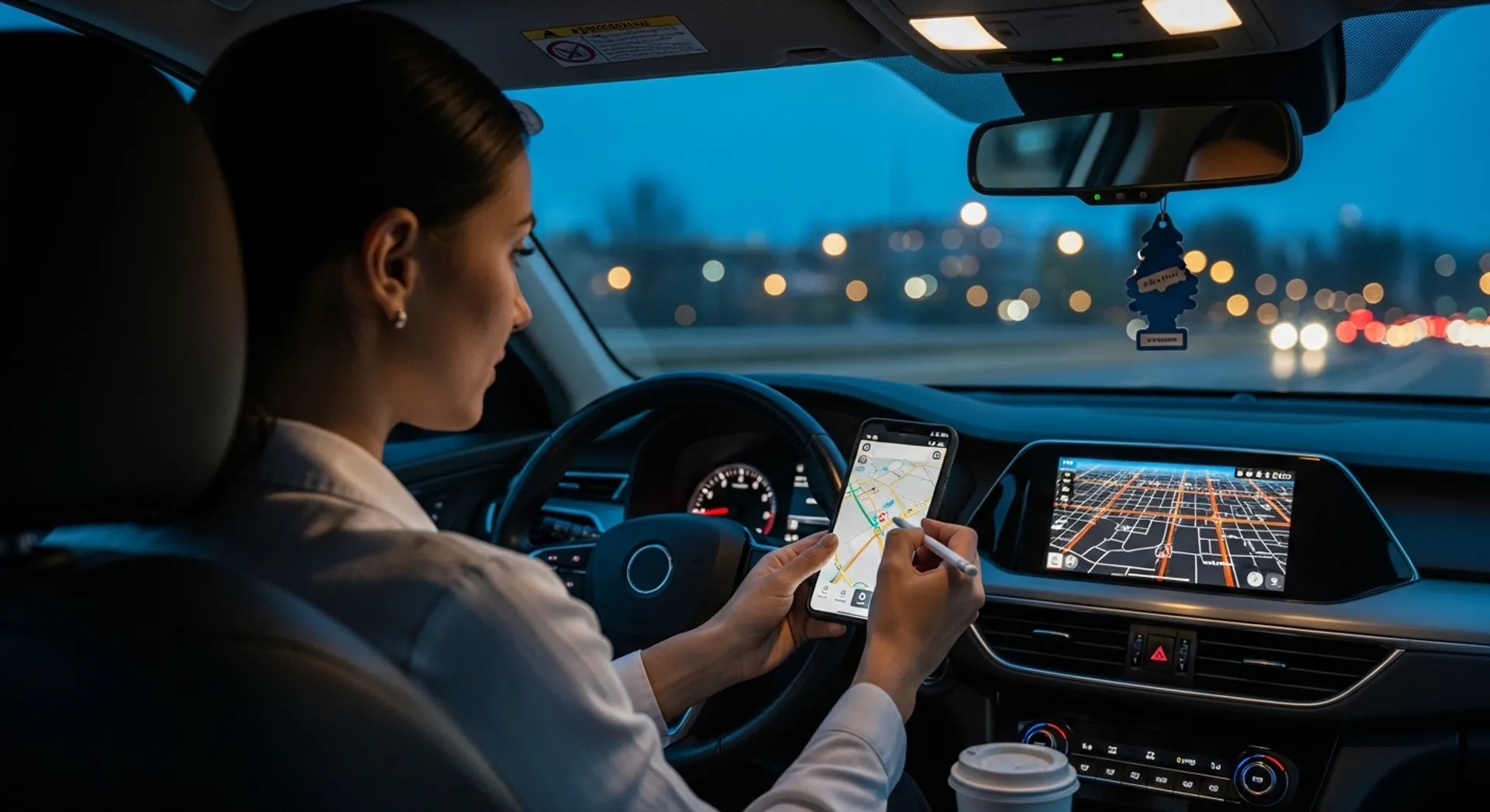 Rideshare driver preparing for a shift using a navigation app