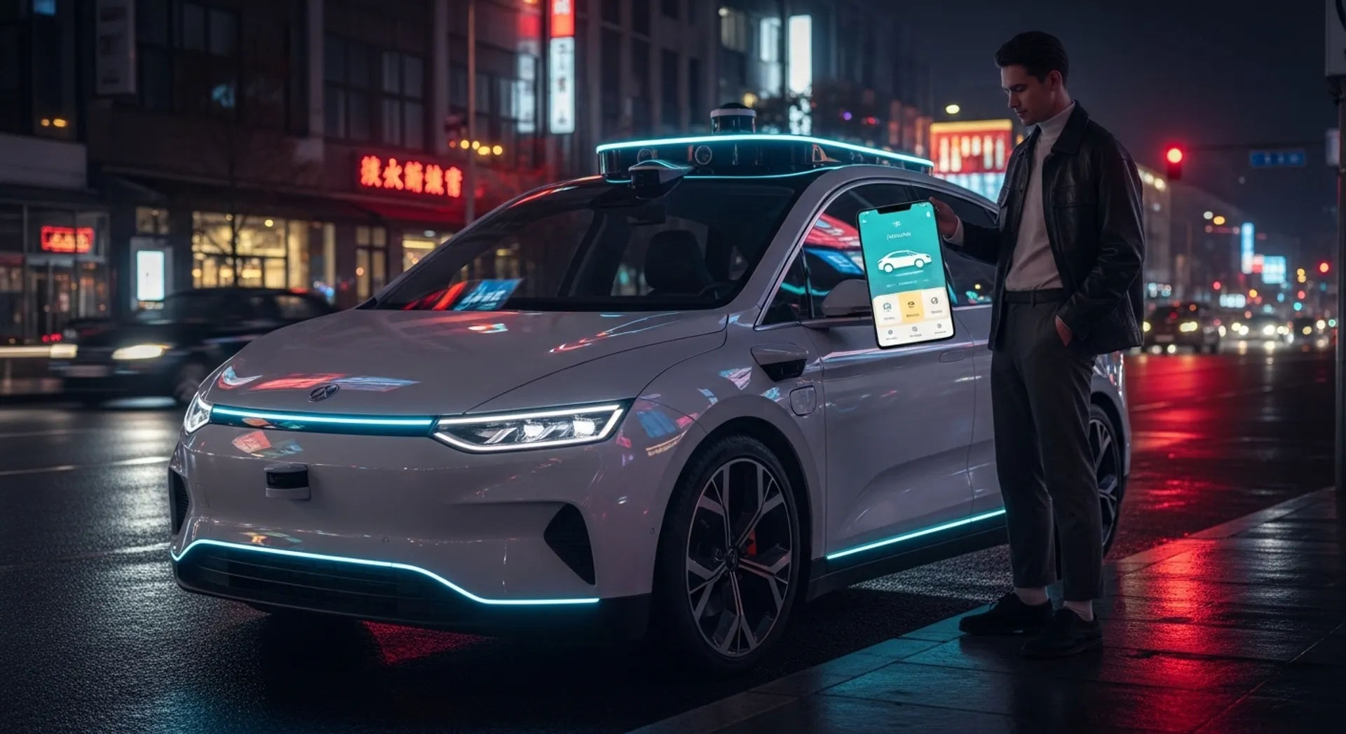 Robotaxi arriving at a city pickup zone while a rider checks the app