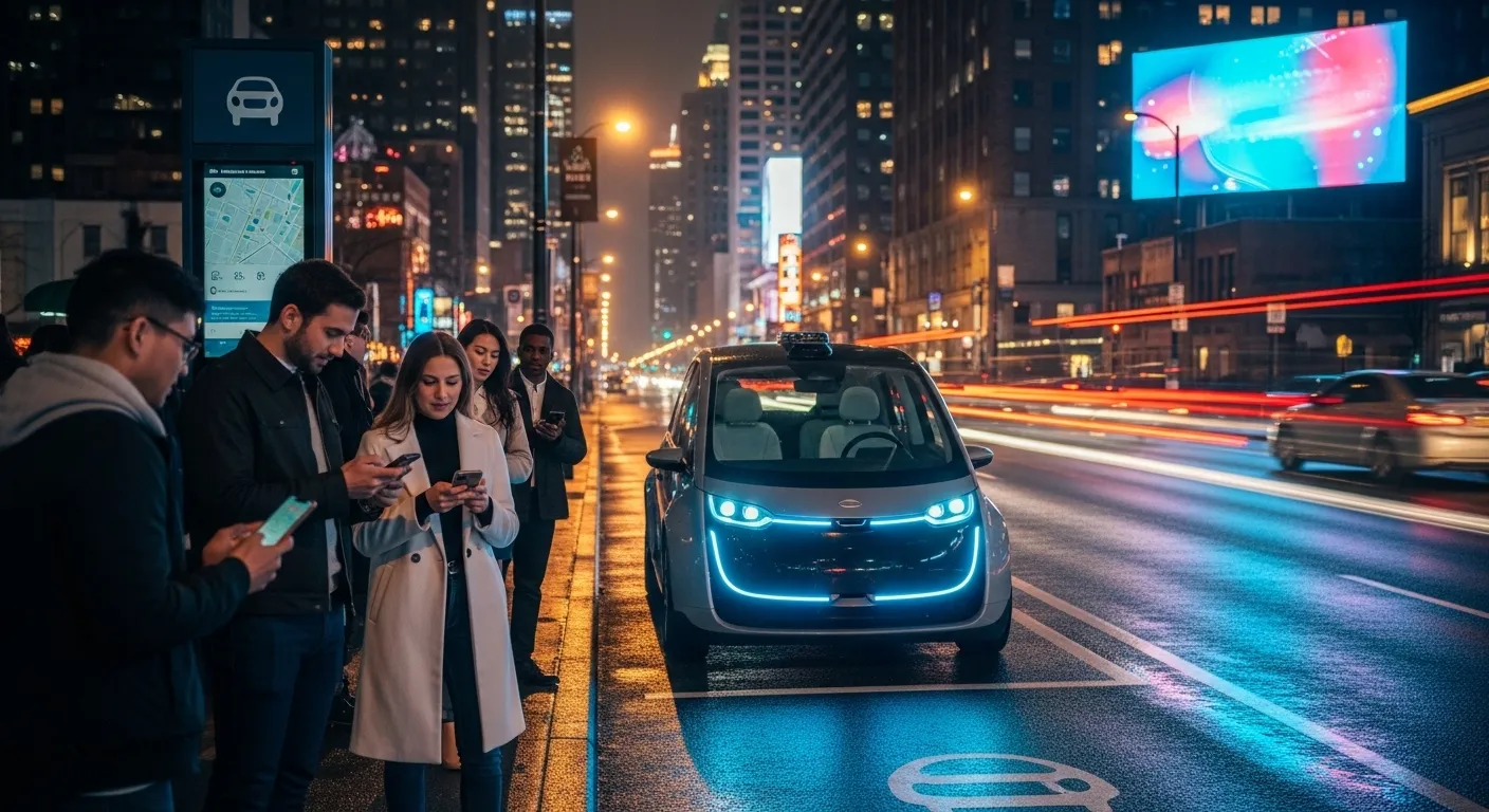 Robotaxi arriving at a rideshare pickup zone in a city at night