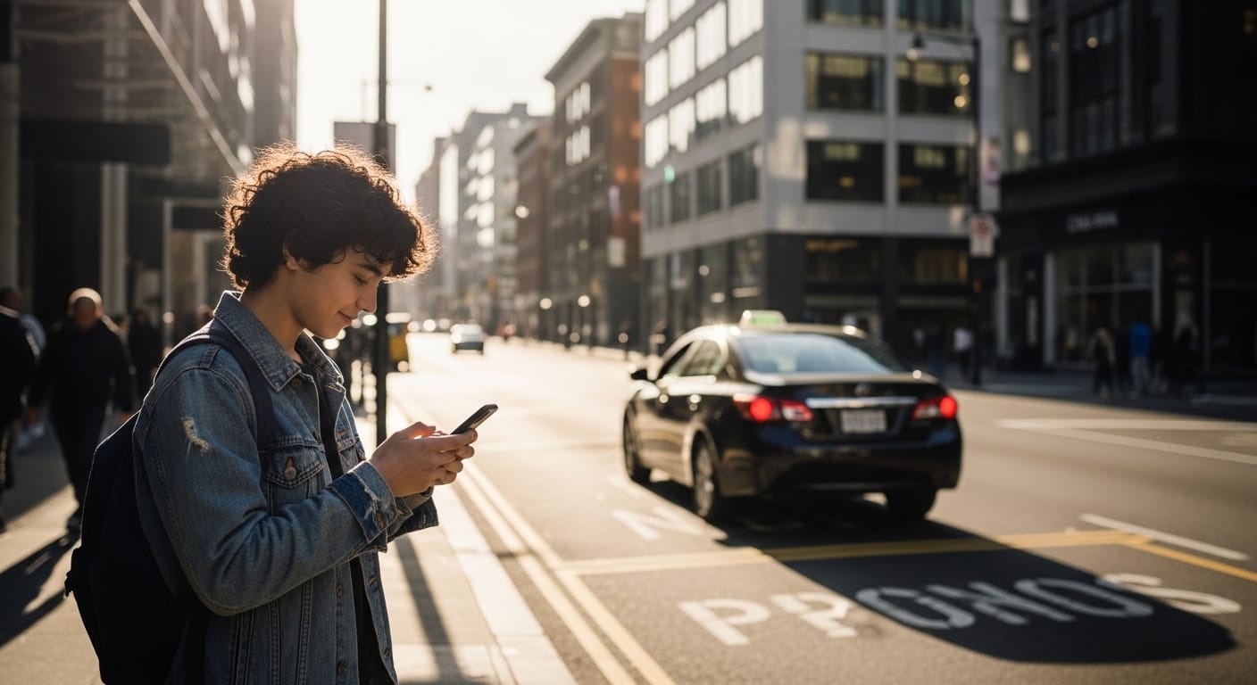 Teen rider using safe pickup habits for a rideshare trip