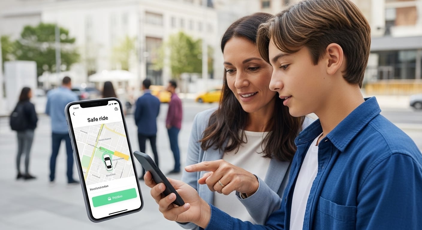Teen rideshare safety with parent and teen checking a ride before pickup