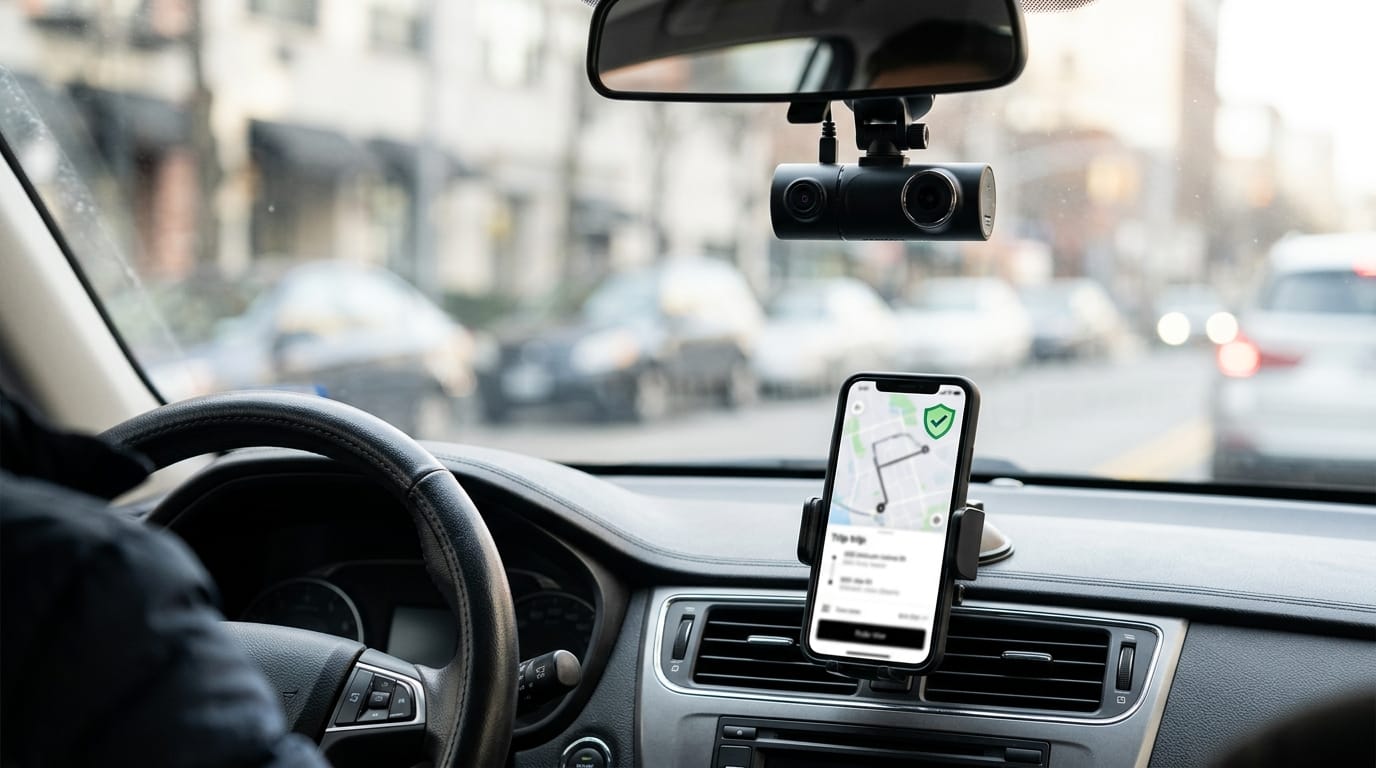 Dual-facing rideshare dashcam and verified rider safety tools