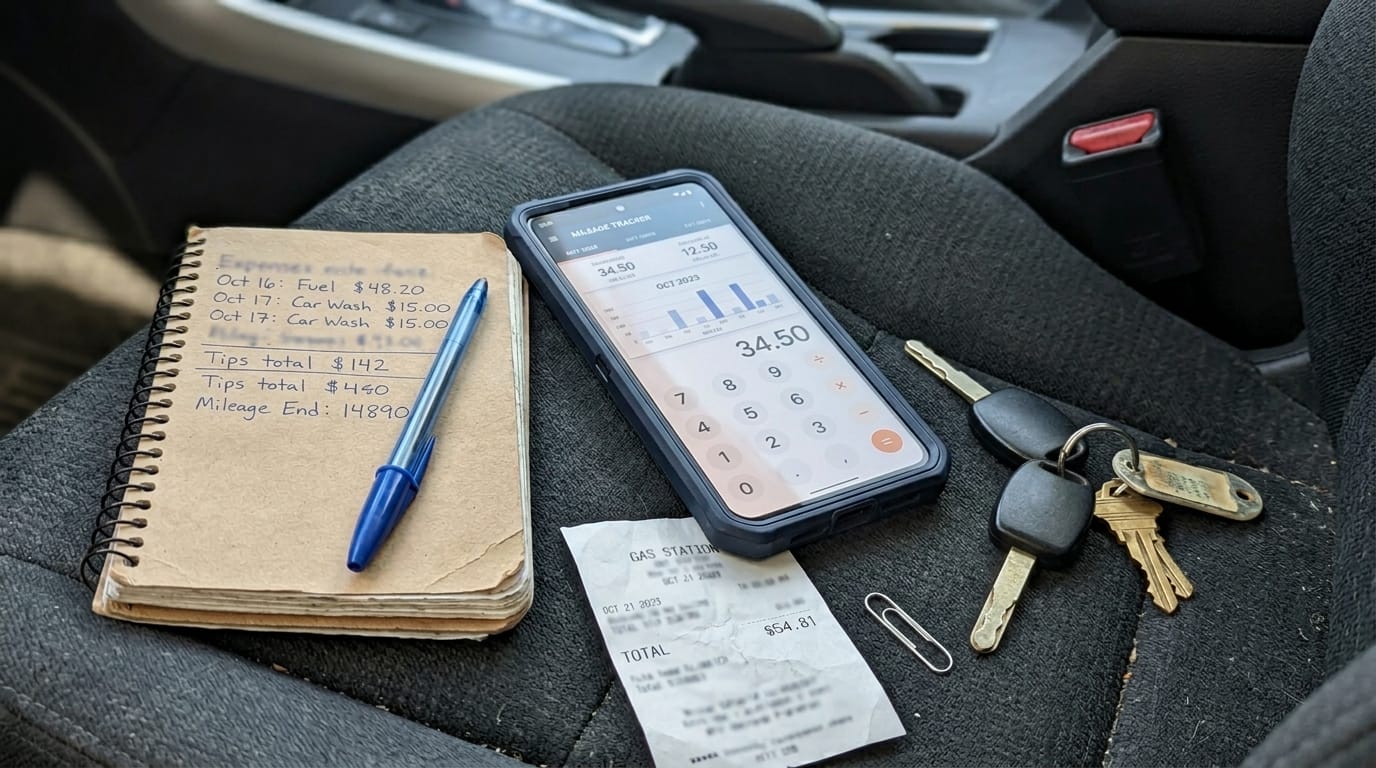Mileage tracker fuel receipt and expense notes for rideshare driver taxes