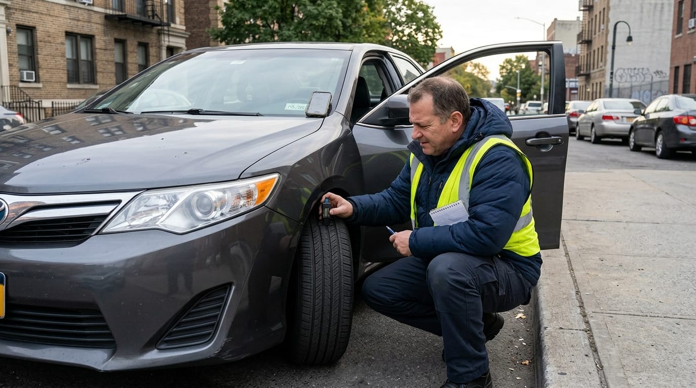 Rideshare driver checking odometer and tire wear before working