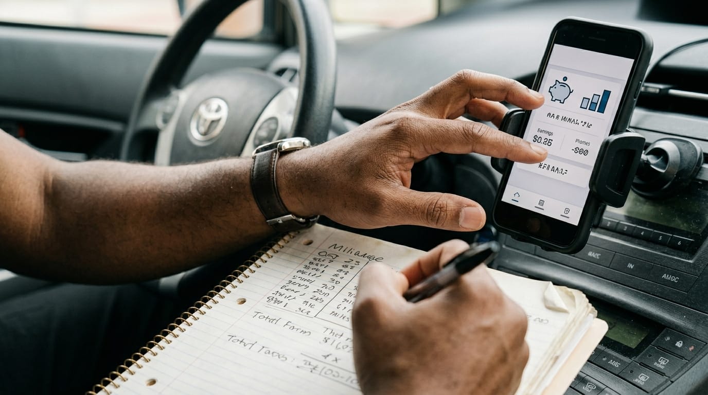 Rideshare driver checking subscription app fees and fare settings