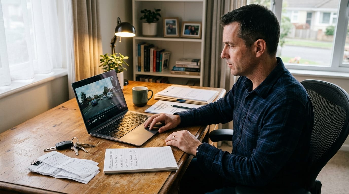 Rideshare driver reviewing trip recording footage for safety and appeal evidence
