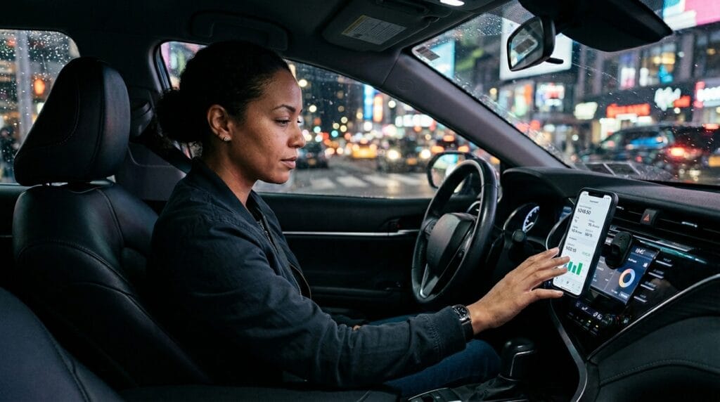Rideshare driver tracking mileage and trip earnings before a night shift