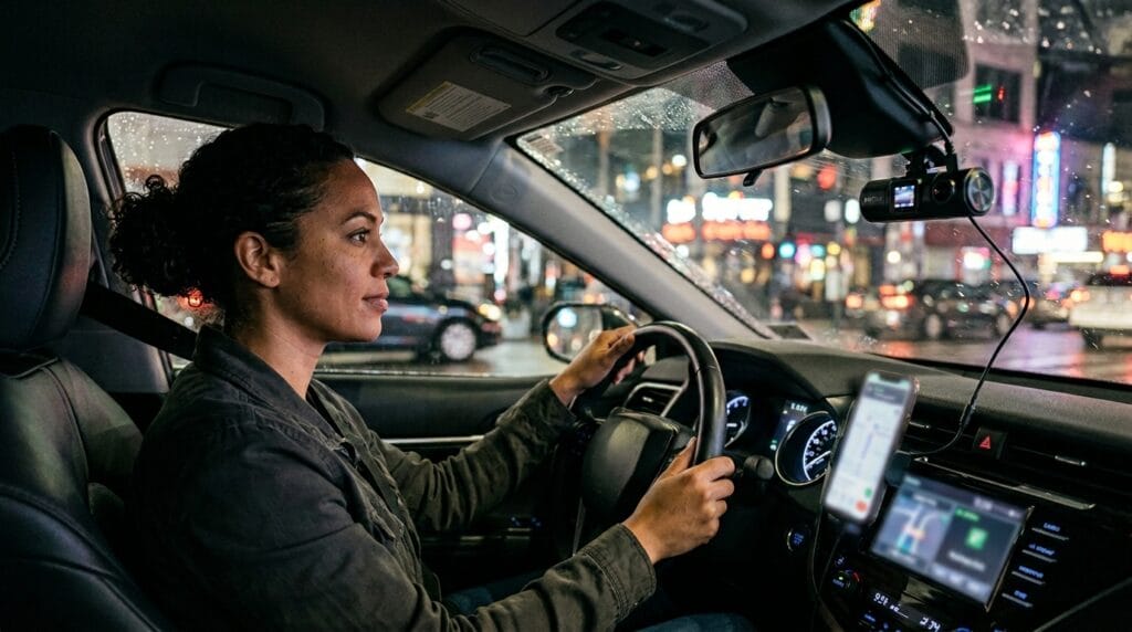 Rideshare driver using a dashcam and trip recording for safety in 2026