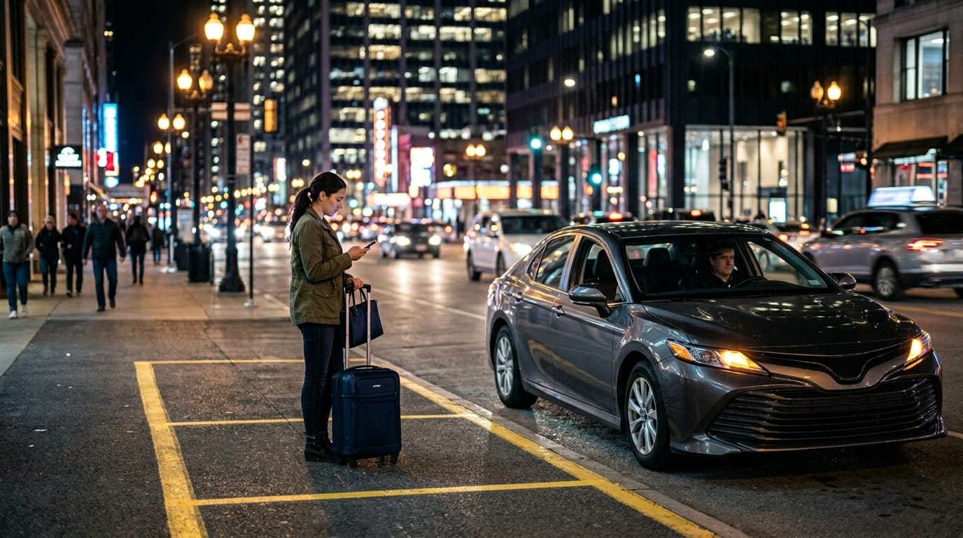 Subscription rideshare app pickup in a busy city area