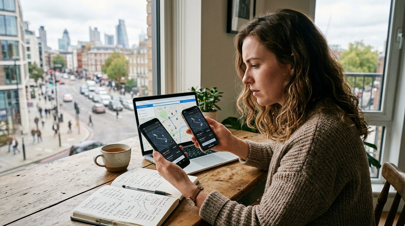 Rider comparing rideshare prices before booking a trip in 2026