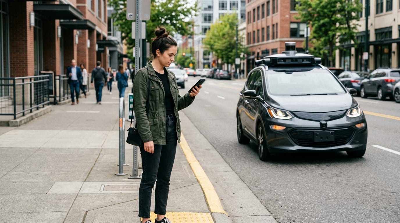 Rider preparing for a robotaxi pickup through a rideshare app