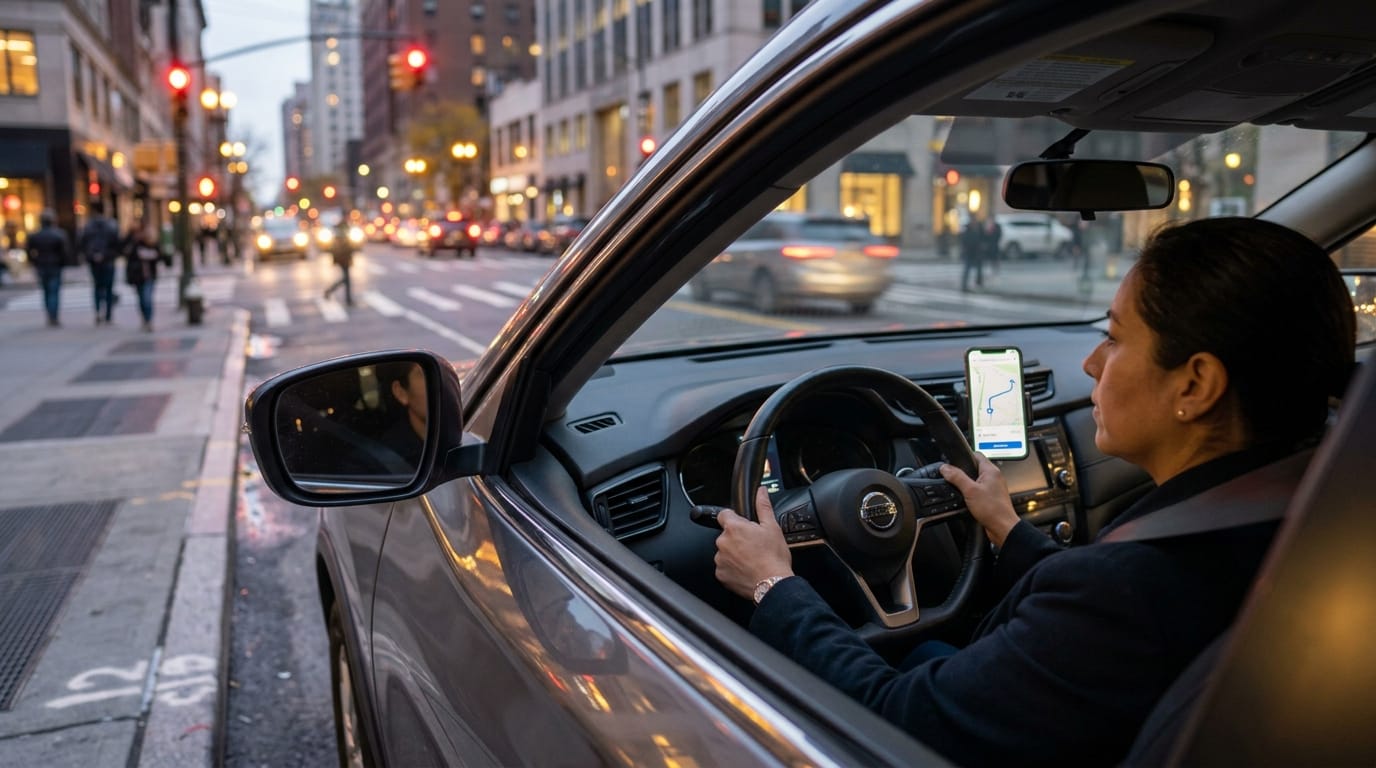 Rideshare driver reviewing app pricing and trip details before accepting a ride