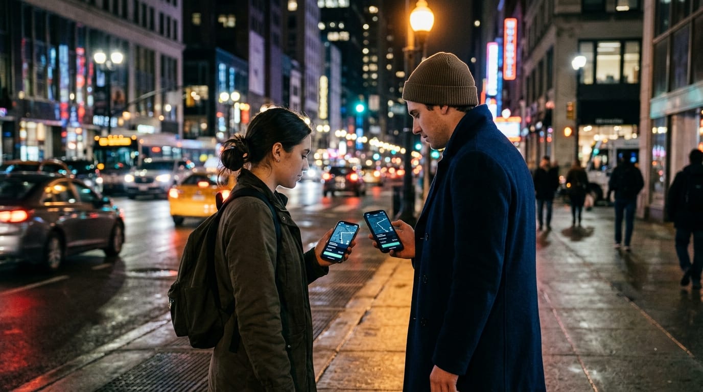 Two rideshare riders comparing different Uber and Lyft fares for the same trip